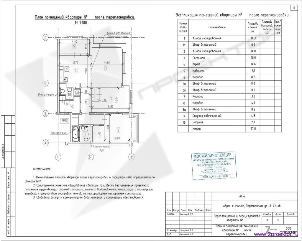 Вариант планировки квартиры в Жилом комплексе Измайловский лес, разработанный специалистами ООО «2Проектор» и согласованный Мосжилинспекцией.